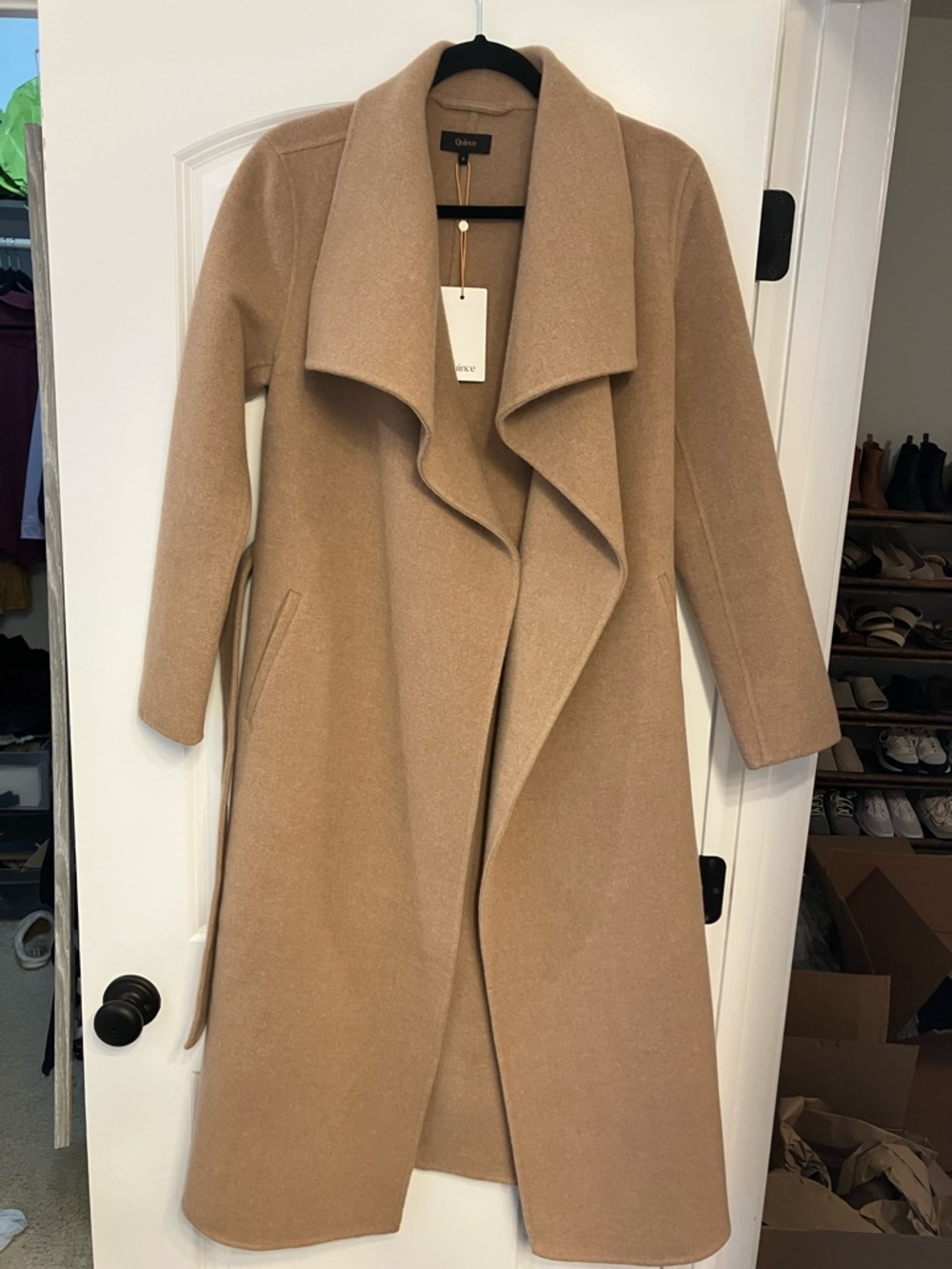 Quince Double-Faced Merino Wool Draped Collar Wrap Coat Small Caramel NWT